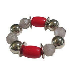 Vintage Bead Stretch Bracelet Red Gray Silver Tone Women Elastic Jewelry Gift